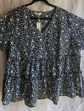 Agnes Orinda Ditsy Floral Ruffle Flutter Sleeve Top 2X NWT Plus Size Black